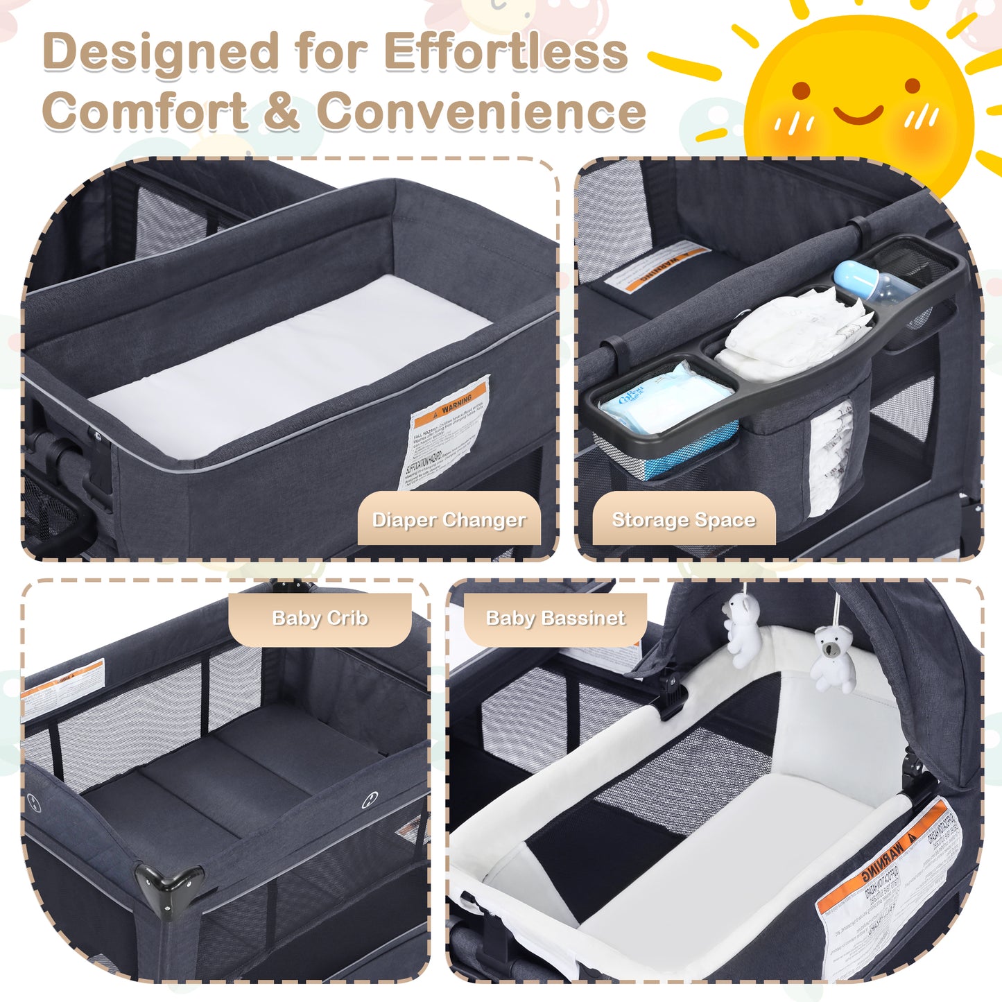 AILEEKISS 3-in-1 Nursery Center, Foldable Baby Playard with Changing Table for Newborn, Dark Grey