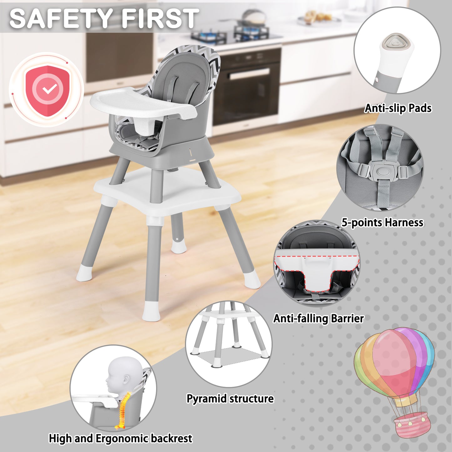 8 in 1 Baby High Chair, Toddler Dining Booster Seat for Eating, Chevron