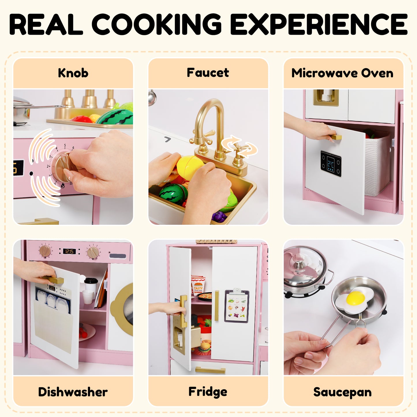 AILEEKISS Wood Kids Play Kitchen, Pretend Kitchen Playset for Children Age 3 Years up, Pink