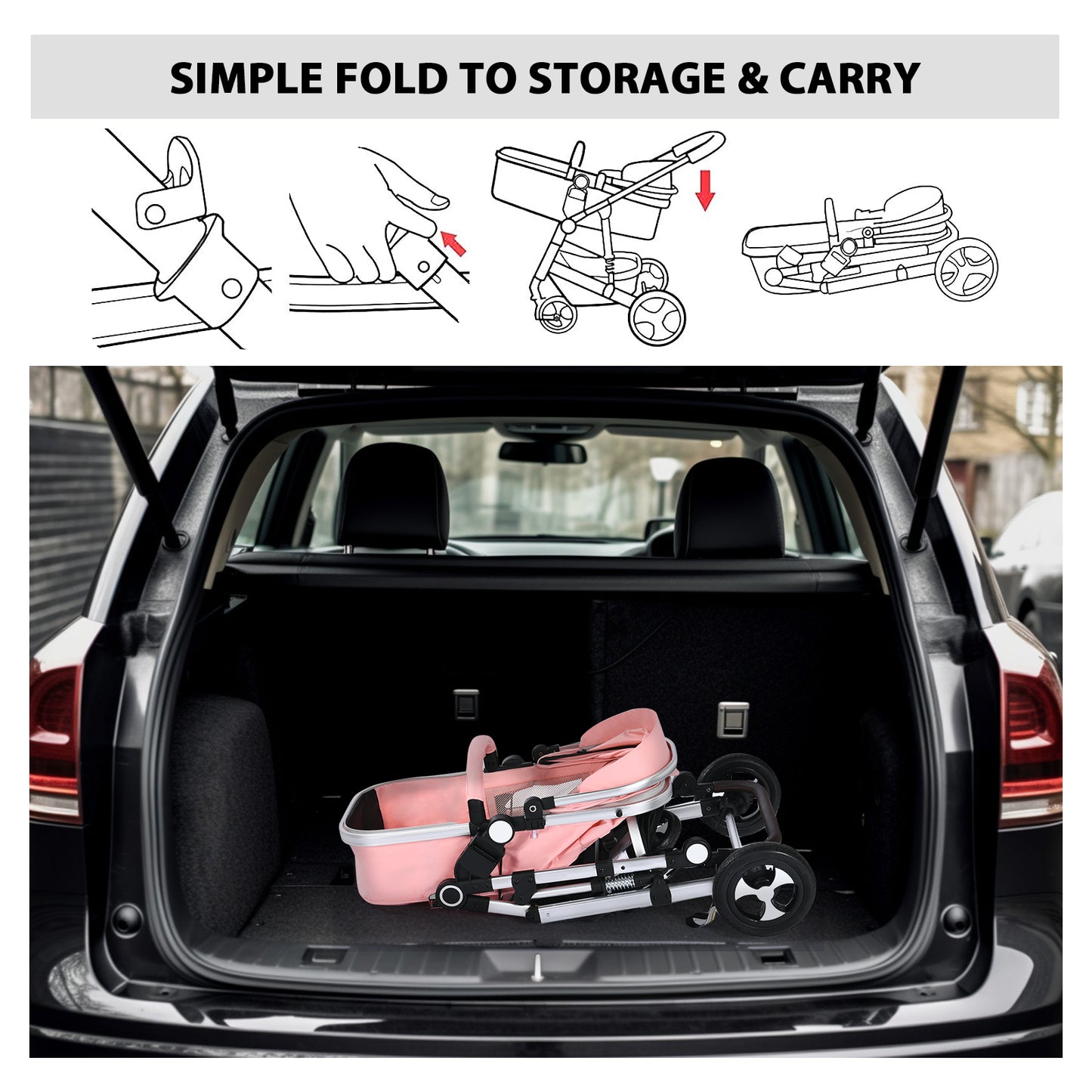 3 in 1 Reversible Baby Stroller, Folding Newborn Bassinet Pram Infant Carriage for Toddler, Pink