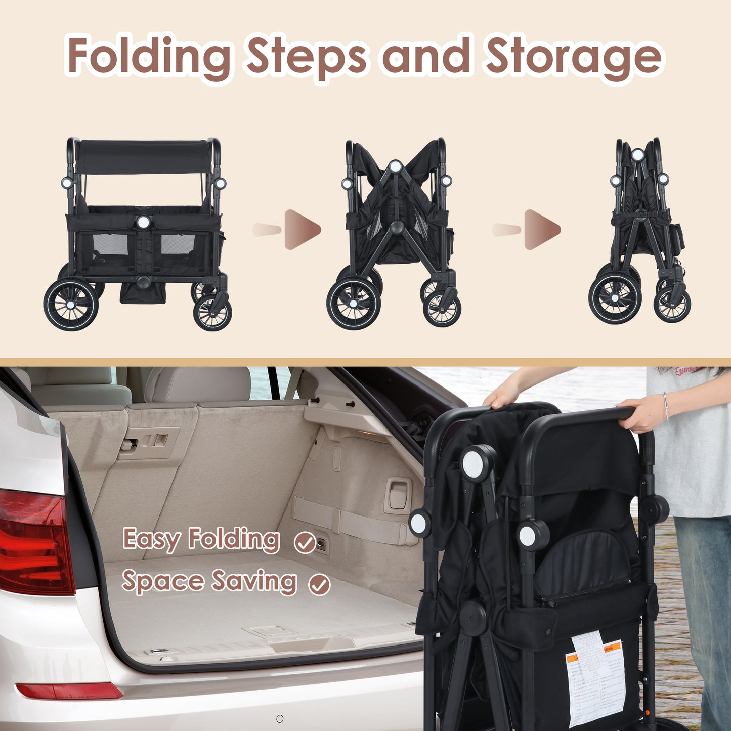 AILEEKISS Collapsible Wagon Stroller for 2 Toddlers with Adjustable Canopy, 44 Pounds, Black