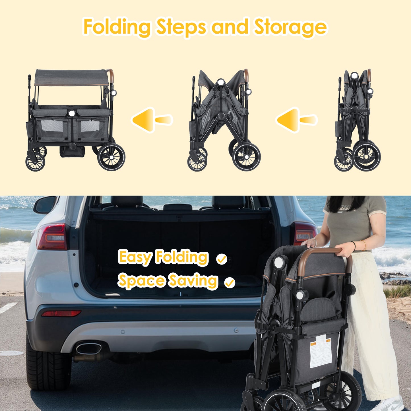 AILEEKISS 3-in-1 Wagon Stroller for 2 Toddlers, Collapsible Baby Wagon with Adjustable Handle, Grey