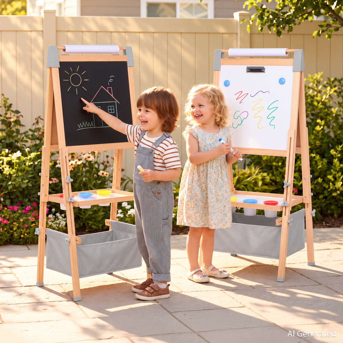 AILEEKISS Kids Art Easel Double-Sided Art Easel with Whiteboard and Chalkboard for Painting, Grey