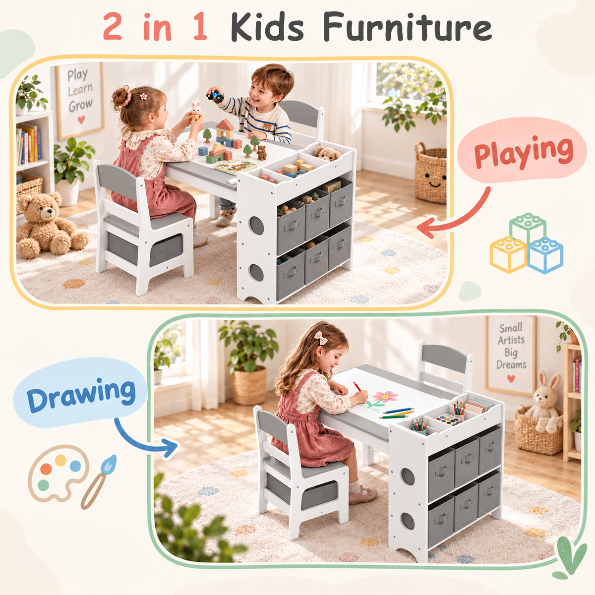 AILEEKISS Kids Table and Chair Set,Children Play Activity Desk for Drawing with 6 Drawers, Grey