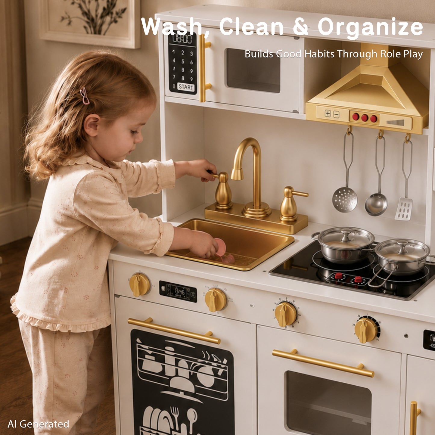 AILEEKISS Kids Toy Kitchen for Children, Pretend Kids Play Kitchen Set with Cooking Accessories, White