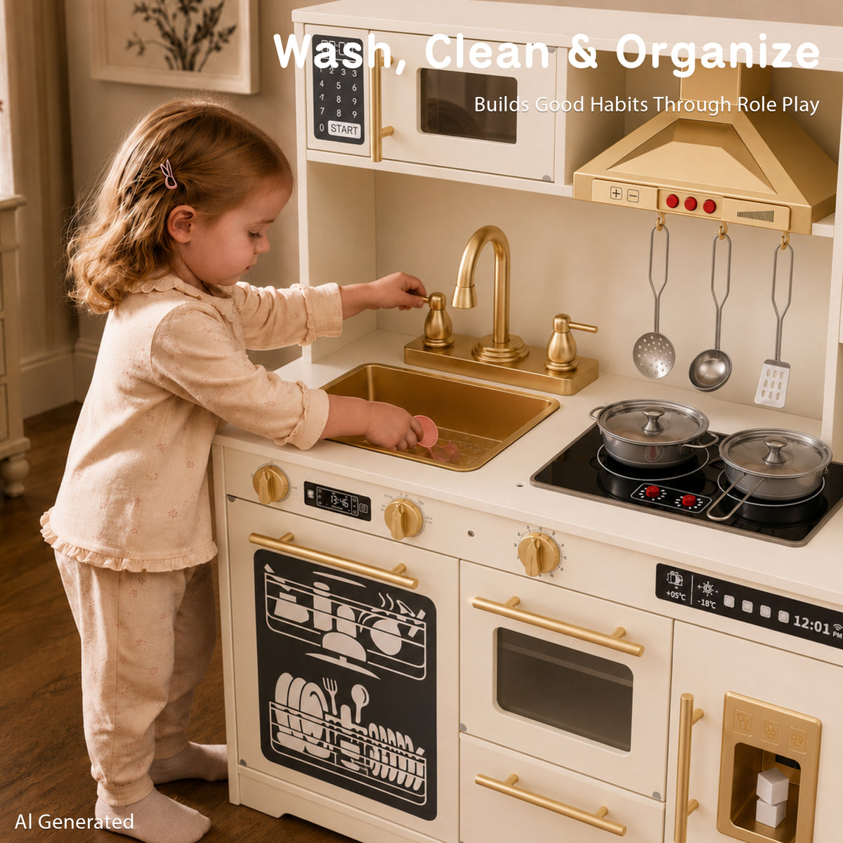 AILEEKISS Kids Toy Kitchen for Children, Pretend Kids Play Kitchen Set with Cooking Accessories, Beige
