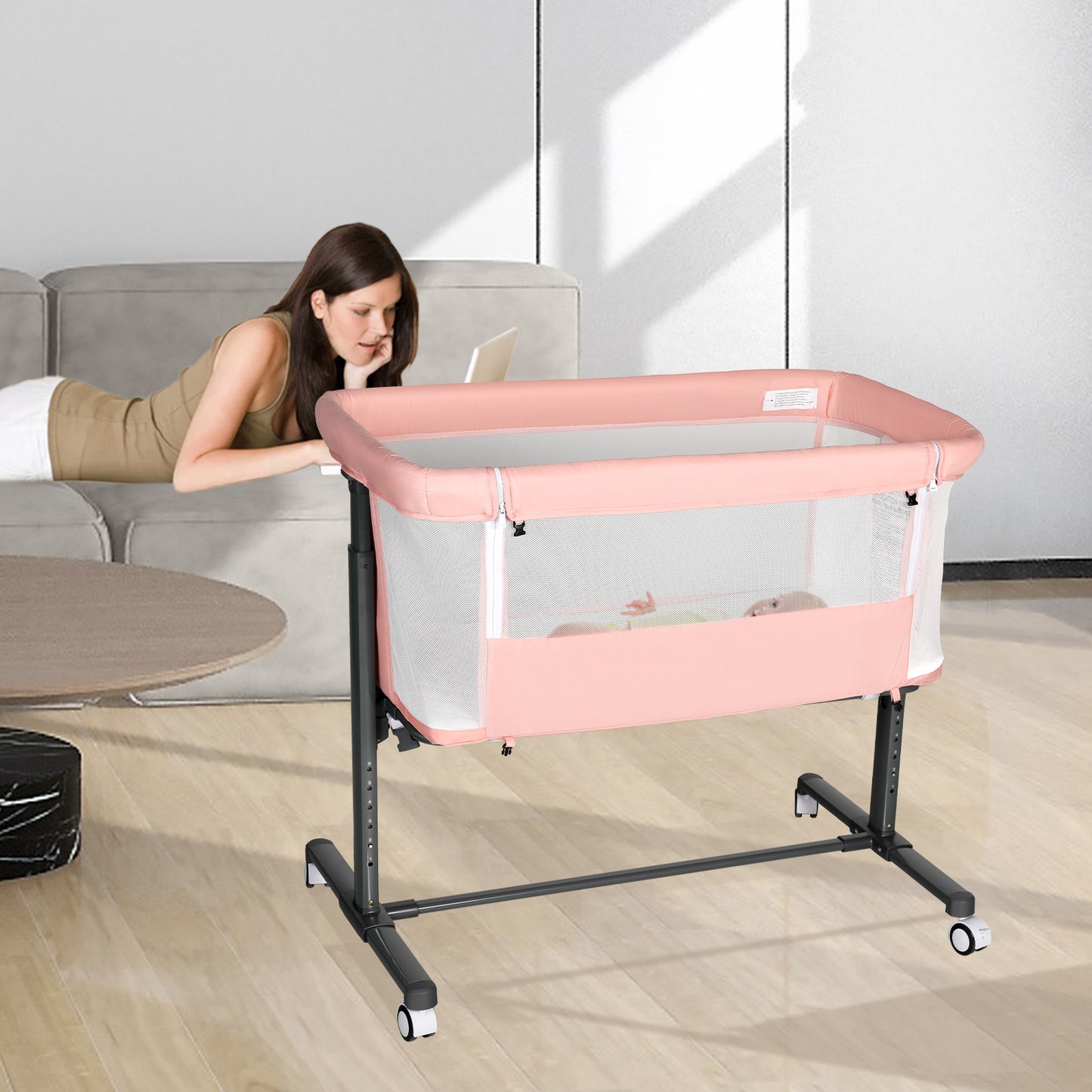 Baby Bassinet Bedside Sleeper, Height Adjustable Newborn Baby Bassinet with Wheels, Pink