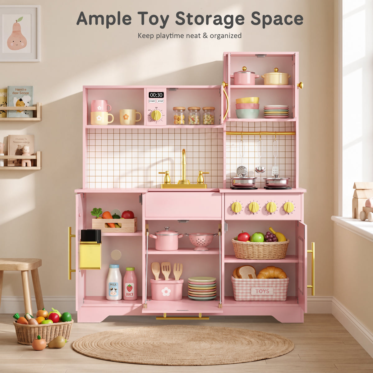 AILEEKISS Kids Kitchen Playset for Children, Realistic Pretend Kitchen Toy with Ice Maker, Pink