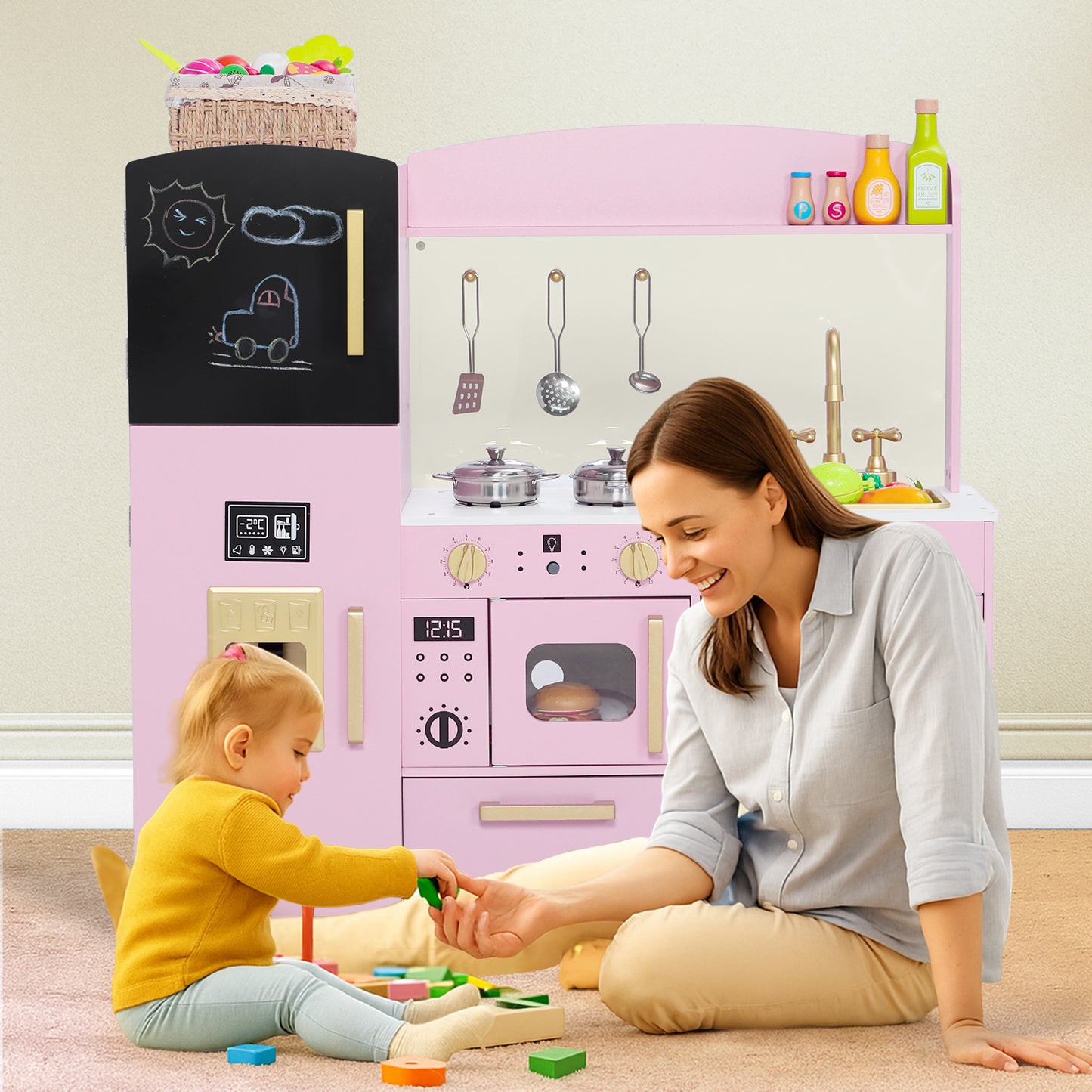 AILEEKISS Wood Kids Play Kitchen, Pretend Kitchen Playset for Children Age 3 Years up, Pink