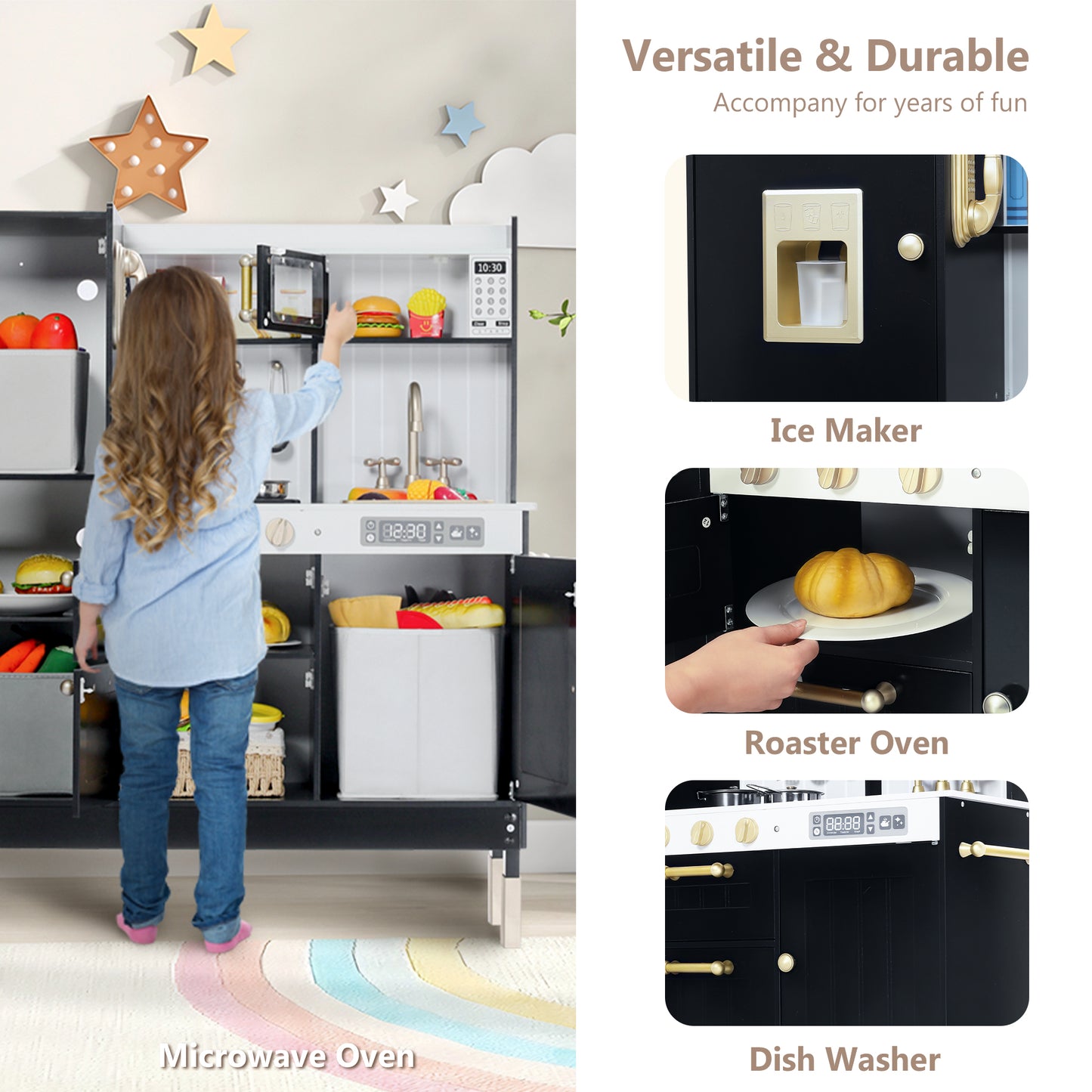 LINLUX Wooden Kids Play Kitchen, Toy Kitchen Playset For Toddler, Realistic Kitchen Sets Baby, Black