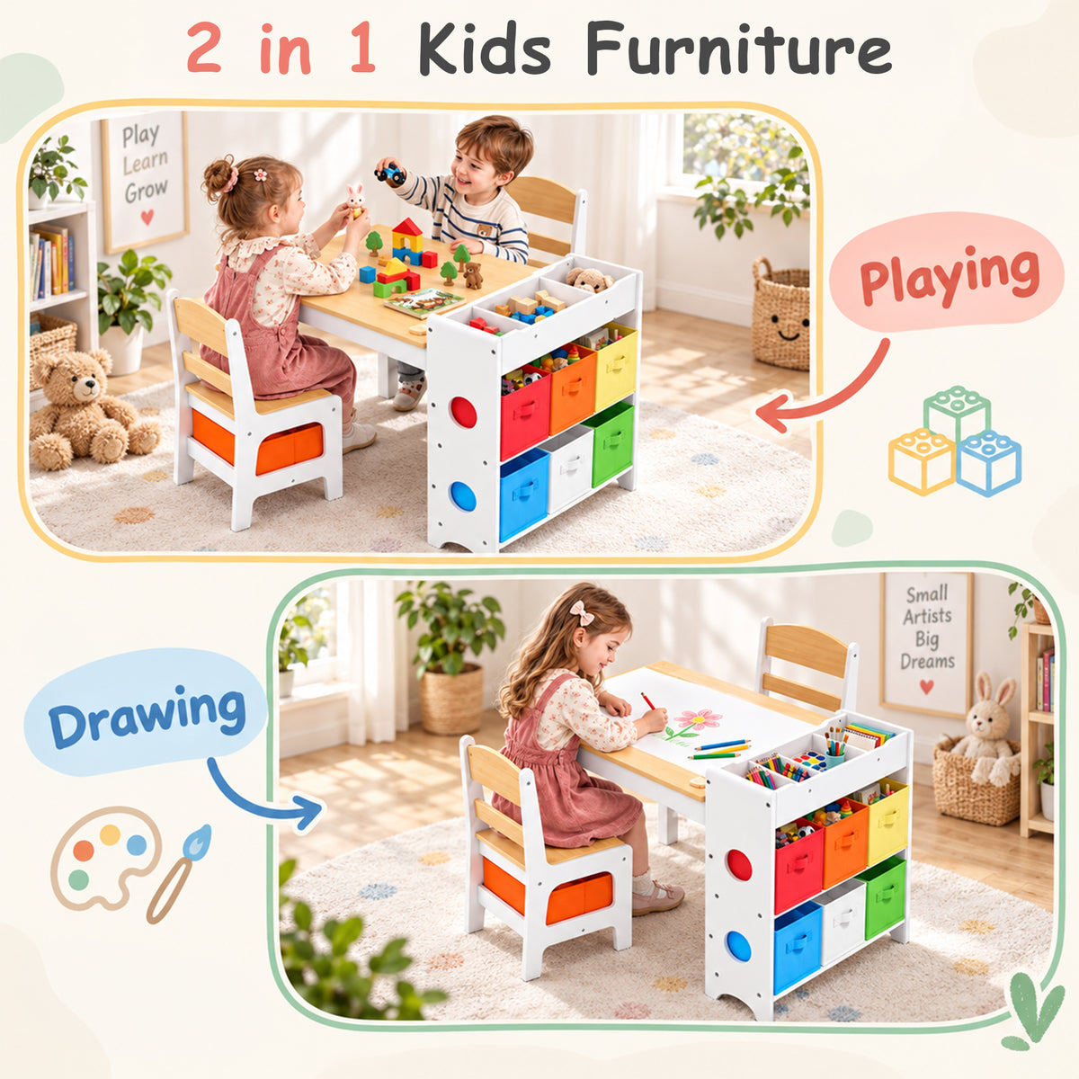 AILEEKISS Kids Table and Chair Set,Children Play Activity Desk for Drawing with 6 Drawers, Natural