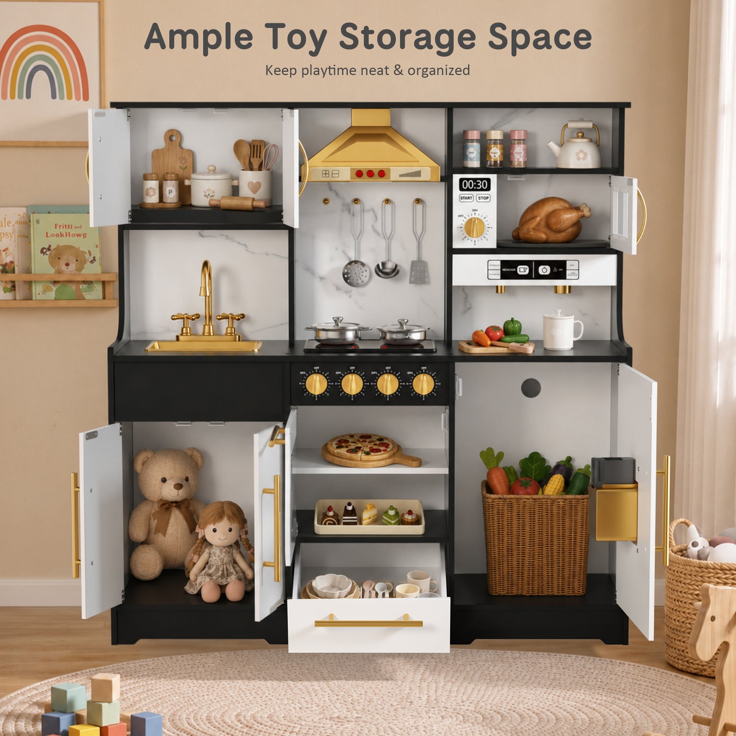AILEEKISS Wood Kids Play Kitchen, Pretend Kitchen Playset for Children Age 3 Years up, Black