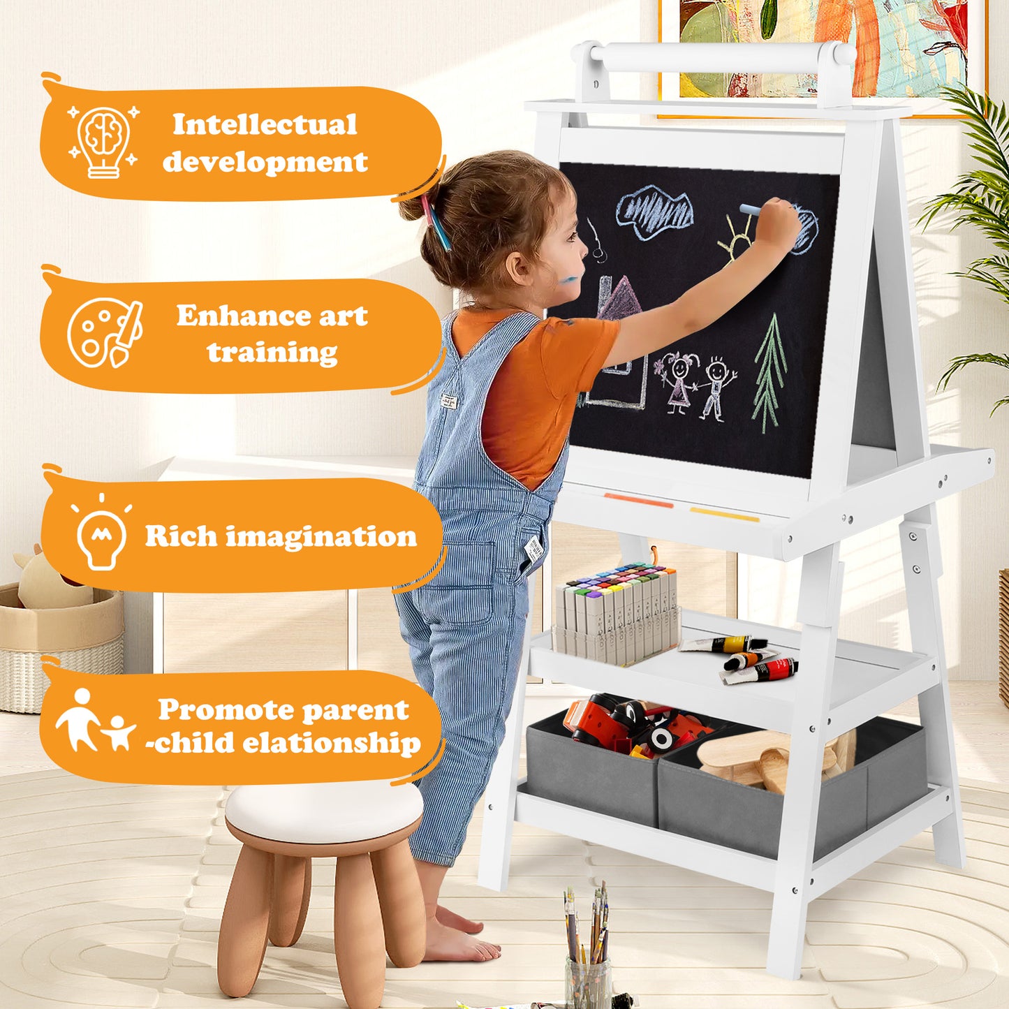 AILEEKISS 3 in 1 Kids Art Easel Drawing Board Double-Sided Whiteboard Chalkboard, White