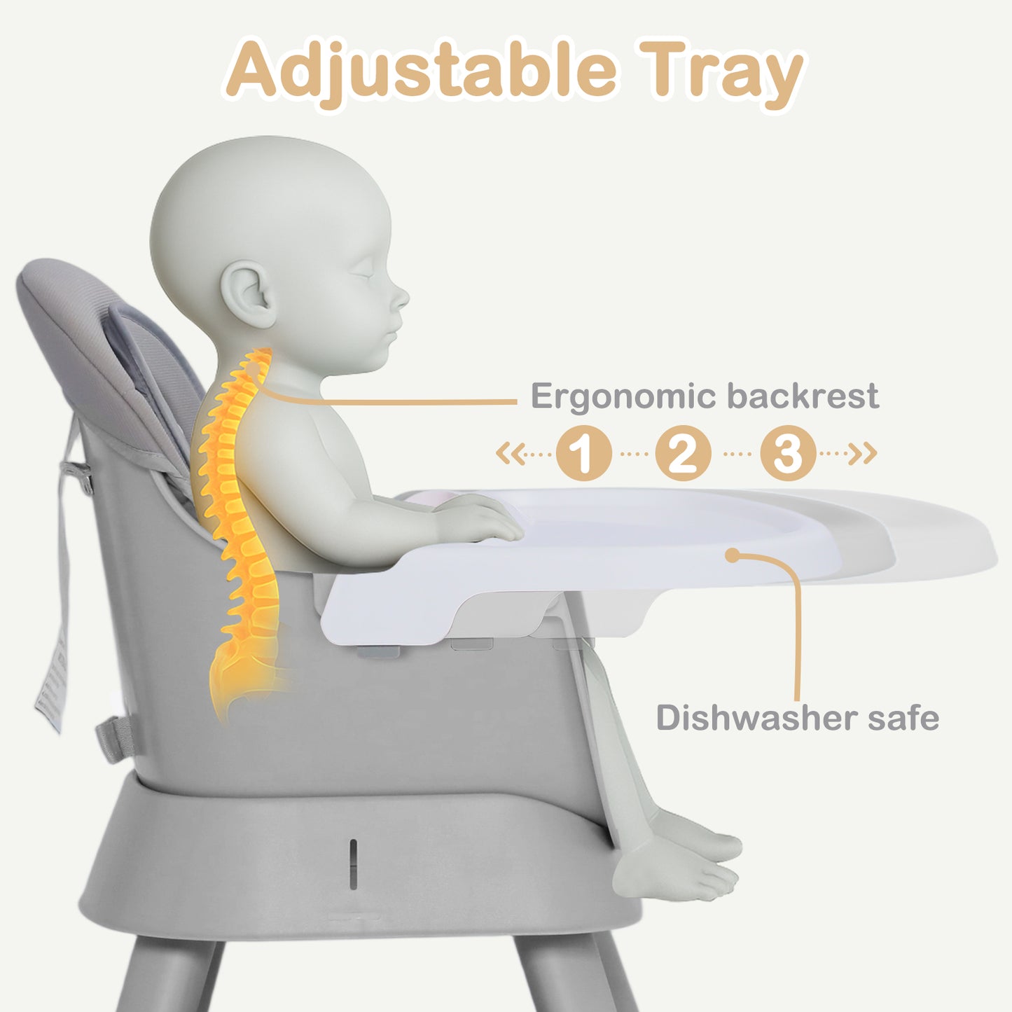 AILEEKISS 8 in 1 Baby High Chair, Toddler Dining Booster Seat for Eating, Light grey