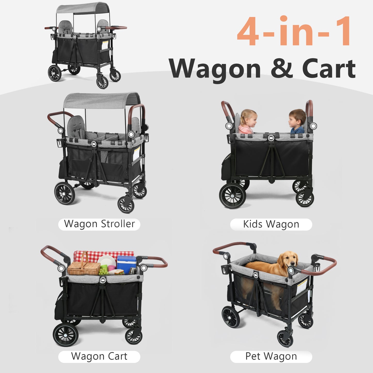 AILEEKISS Stroller Wagon for 2 Toddlers with Canopy, All-Terrain Baby Wagon, 55 Pounds, Black & Grey