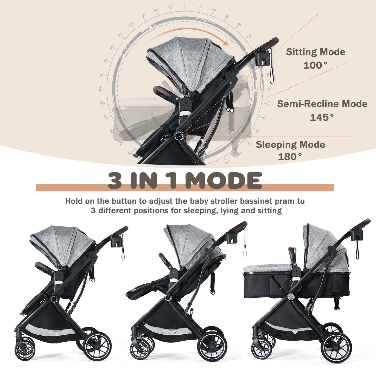Baby Stroller, 3 in 1 Folding Infant Stroller & Unisex Bassinet Stroller for Newborn, Grey