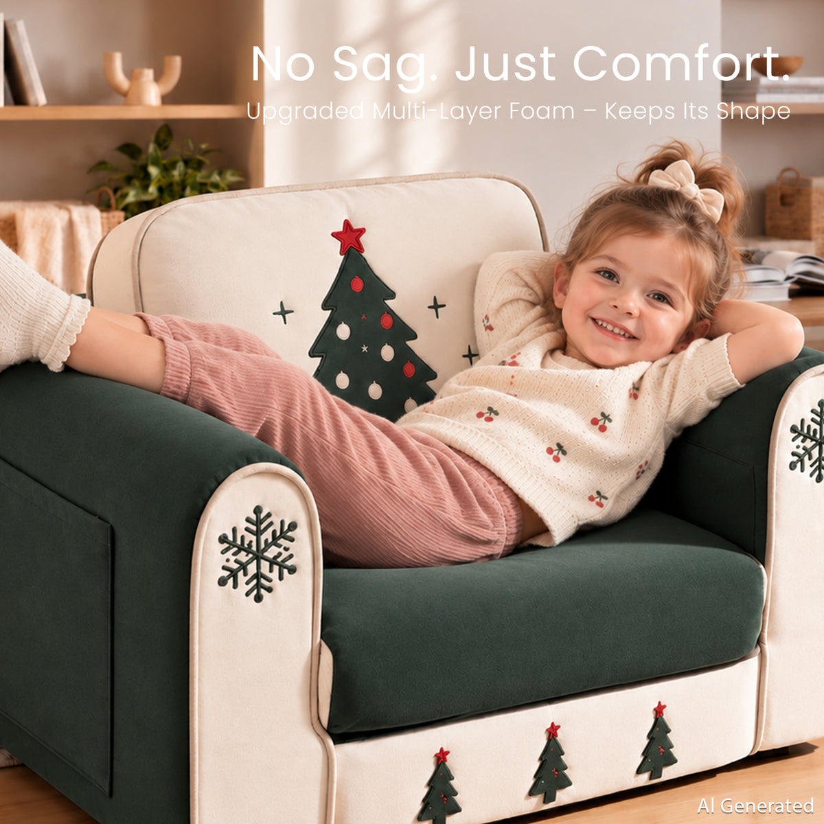 AILEEKISS 2-in-1 Toddler Sofa Chair, Foldable Kids Couch Flip Open Bed for Playroom, Beige Green