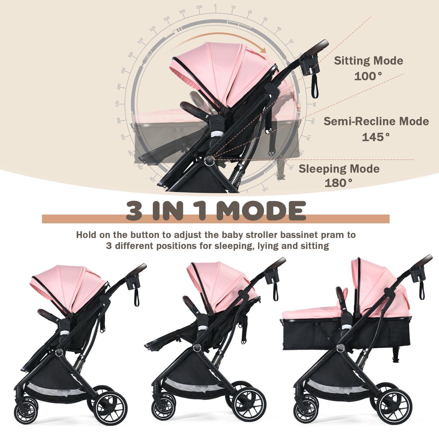 Baby Stroller, 3 in 1 Folding Infant Stroller & Unisex Bassinet Stroller for Newborn, Pink