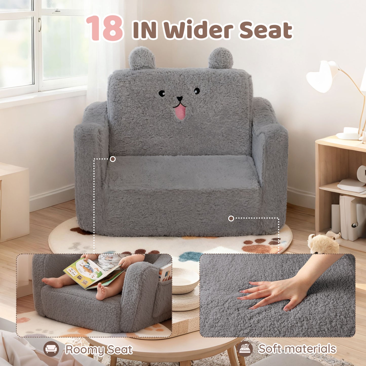 AILEEKISS Toddler Sofa, Foldable Kids Sofa Couch, Convertible Baby Lounger Chair for Playroom, Grey