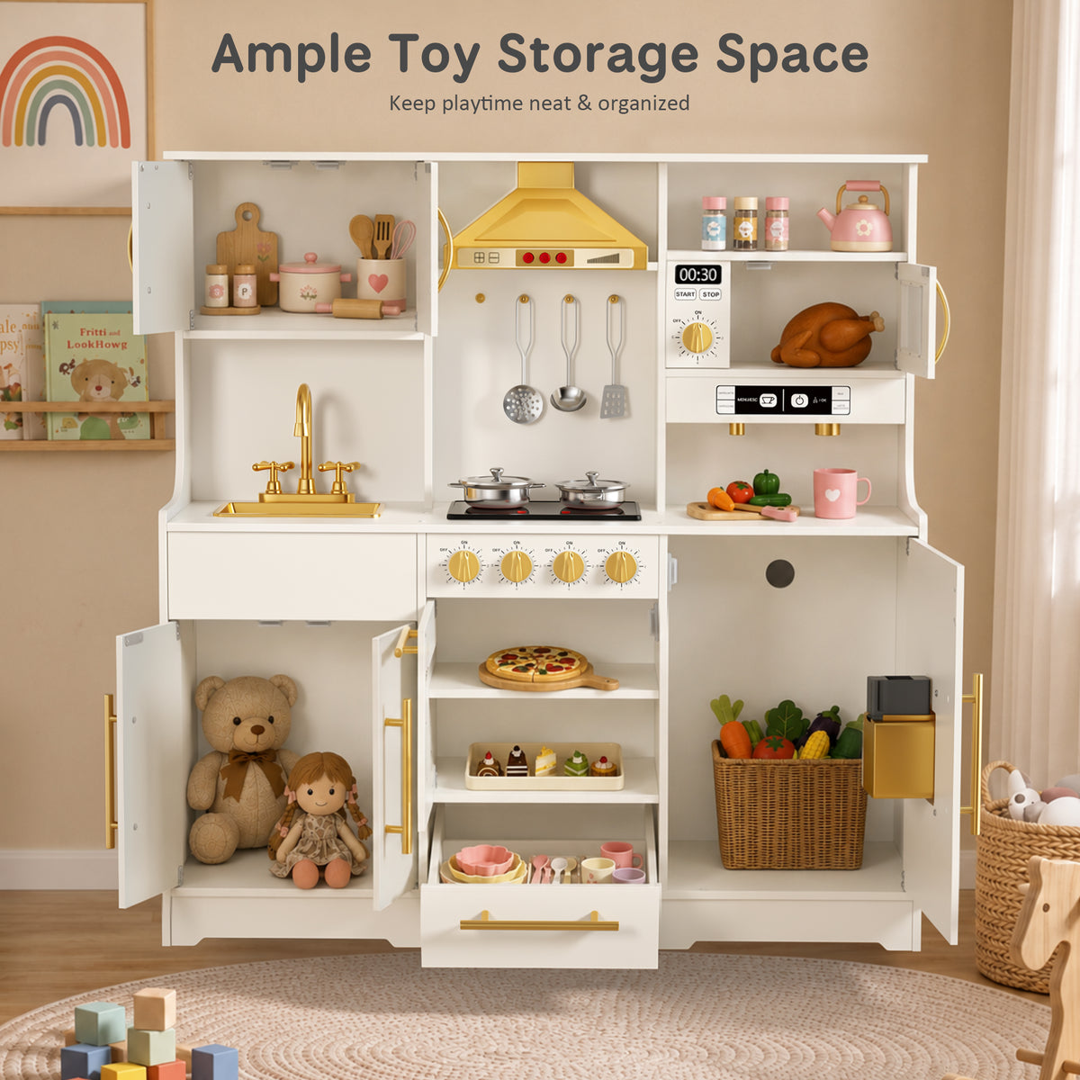 AILEEKISS Wood Kids Play Kitchen, Pretend Kitchen Playset for Children Age 3 Years up, White