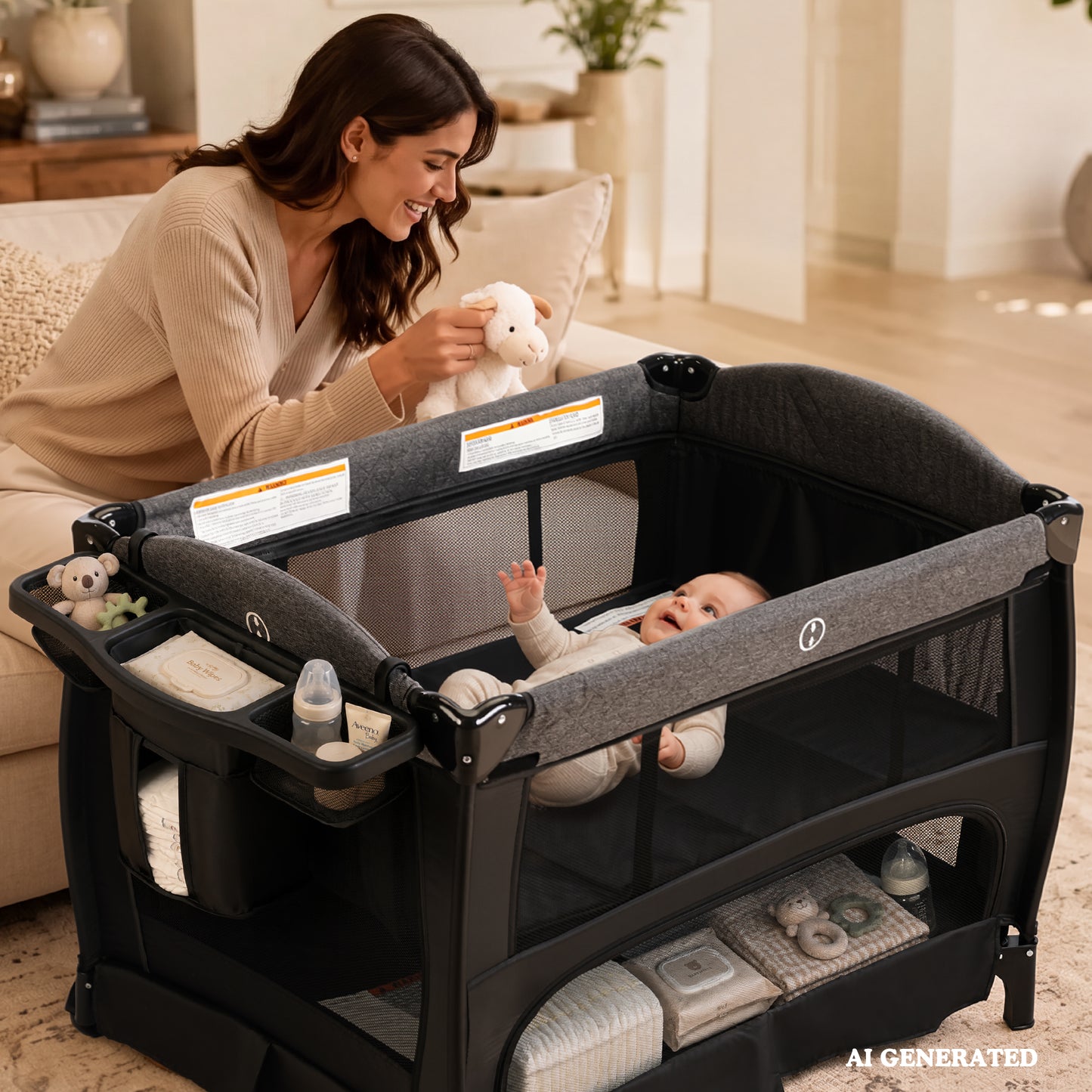 AILEEKISS 3-in-1 Baby Playard with Changing Table & Toy Bar, Portable Pack and Play for Newborn, Dark Grey