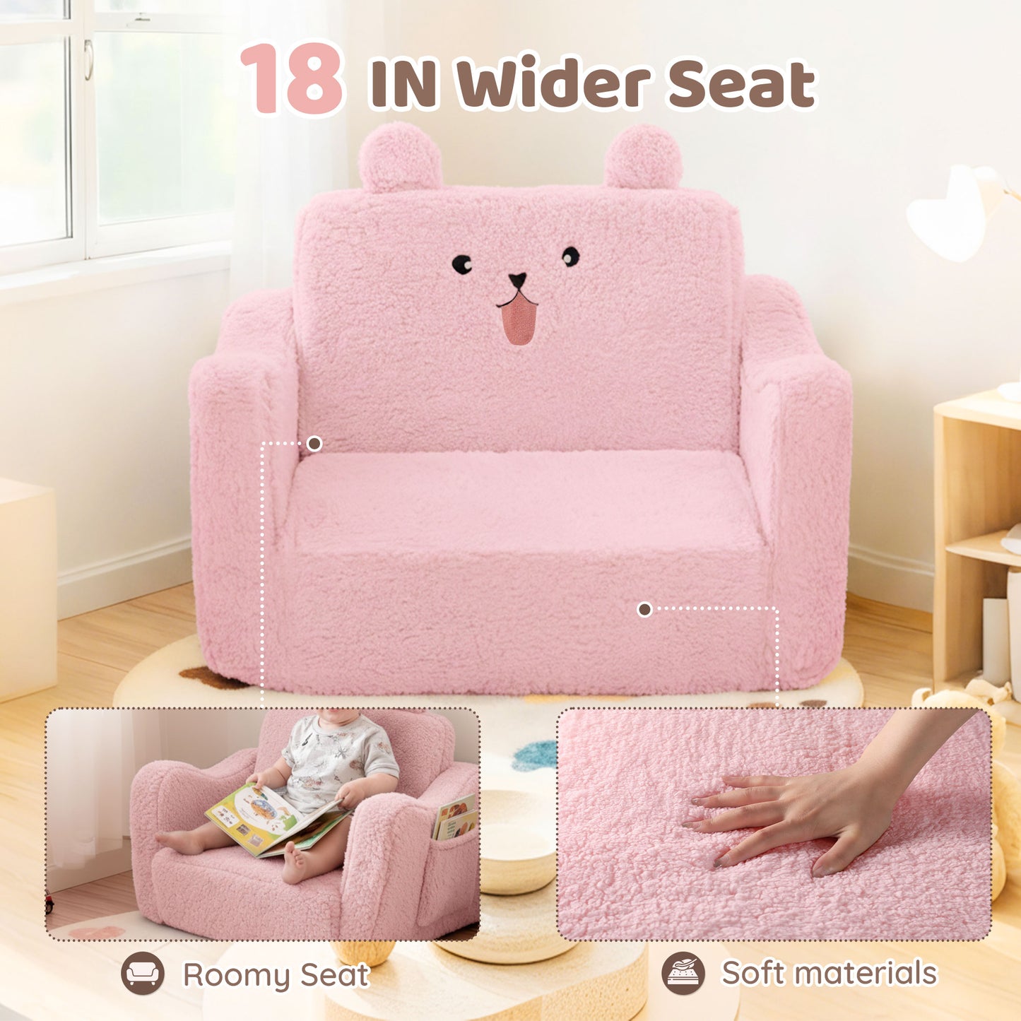 AILEEKISS Toddler Sofa, Foldable Kids Sofa Couch, Convertible Baby Lounger Chair for Playroom, Pink