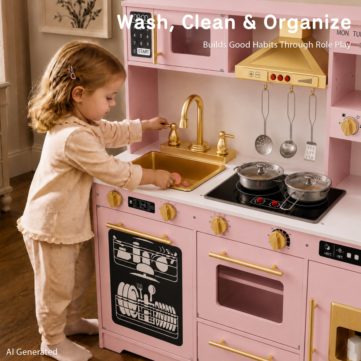 AILEEKISS Kids Toy Kitchen for Children, Pretend Kids Play Kitchen Set with Cooking Accessories, Pink