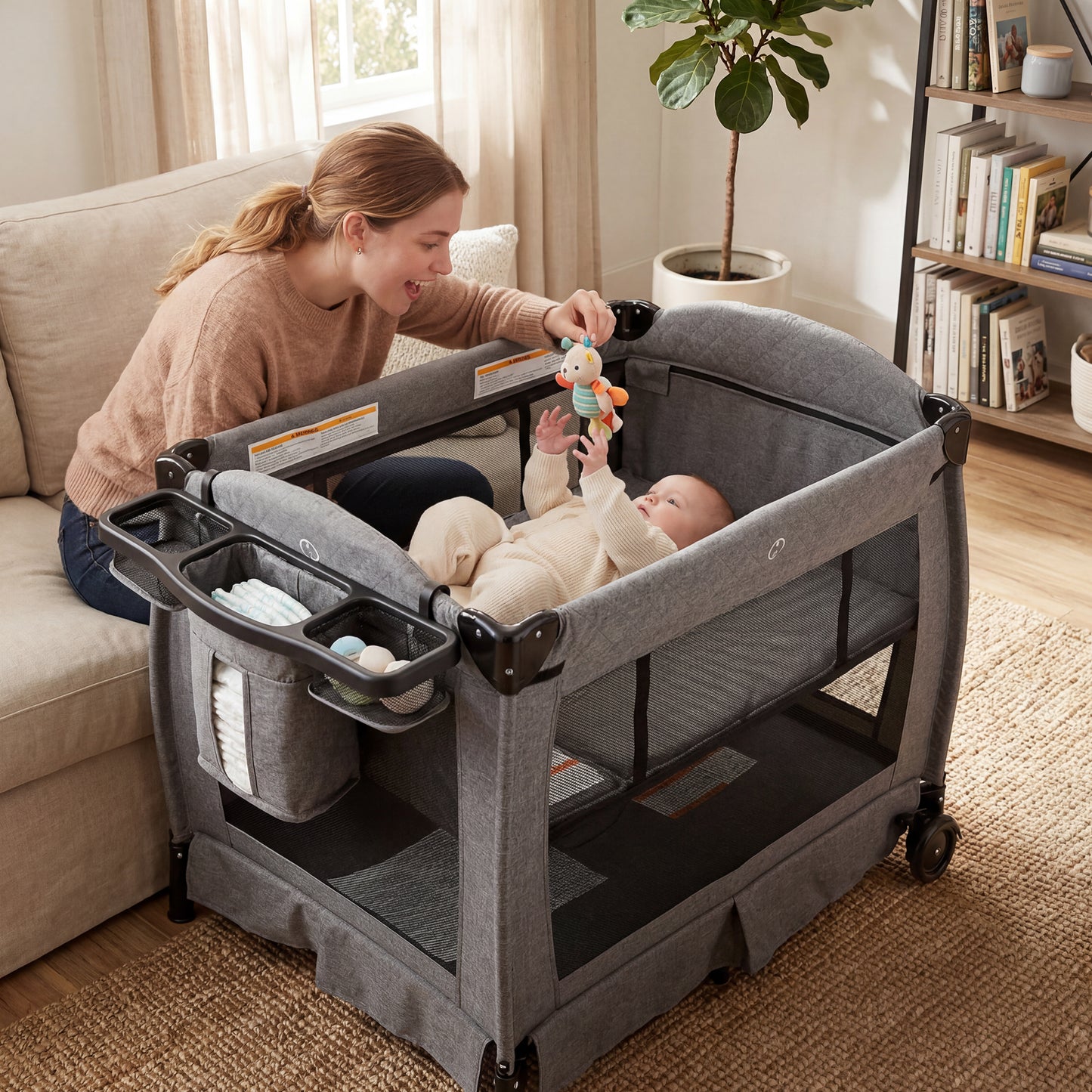 AILEEKISS 3-in-1 Foldable Baby Playard with Bassinet and Changing Table for Newborn, Grey