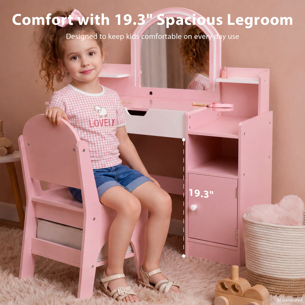AILEEKISS Vanity Table Set with Flip Desktop, Pretend Play Makeup Table with Drawers, Pink