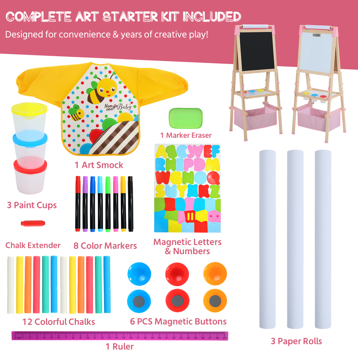 AILEEKISS Kids Art Easel Double-Sided Art Easel with Whiteboard and Chalkboard for Painting Pink