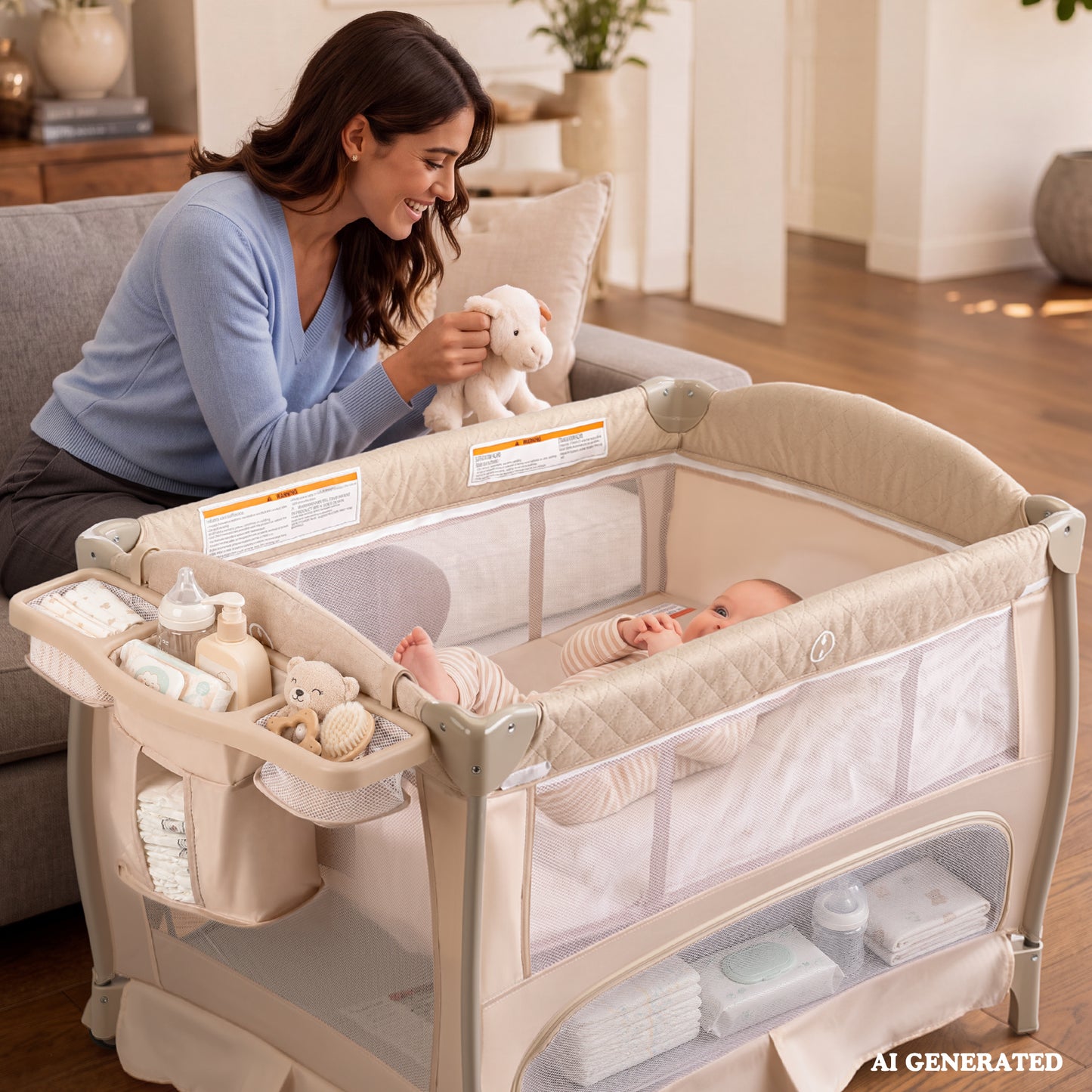 AILEEKISS 3-in-1 Baby Playard with Changing Table & Toy Bar, Portable Pack and Play for Newborn, Beige