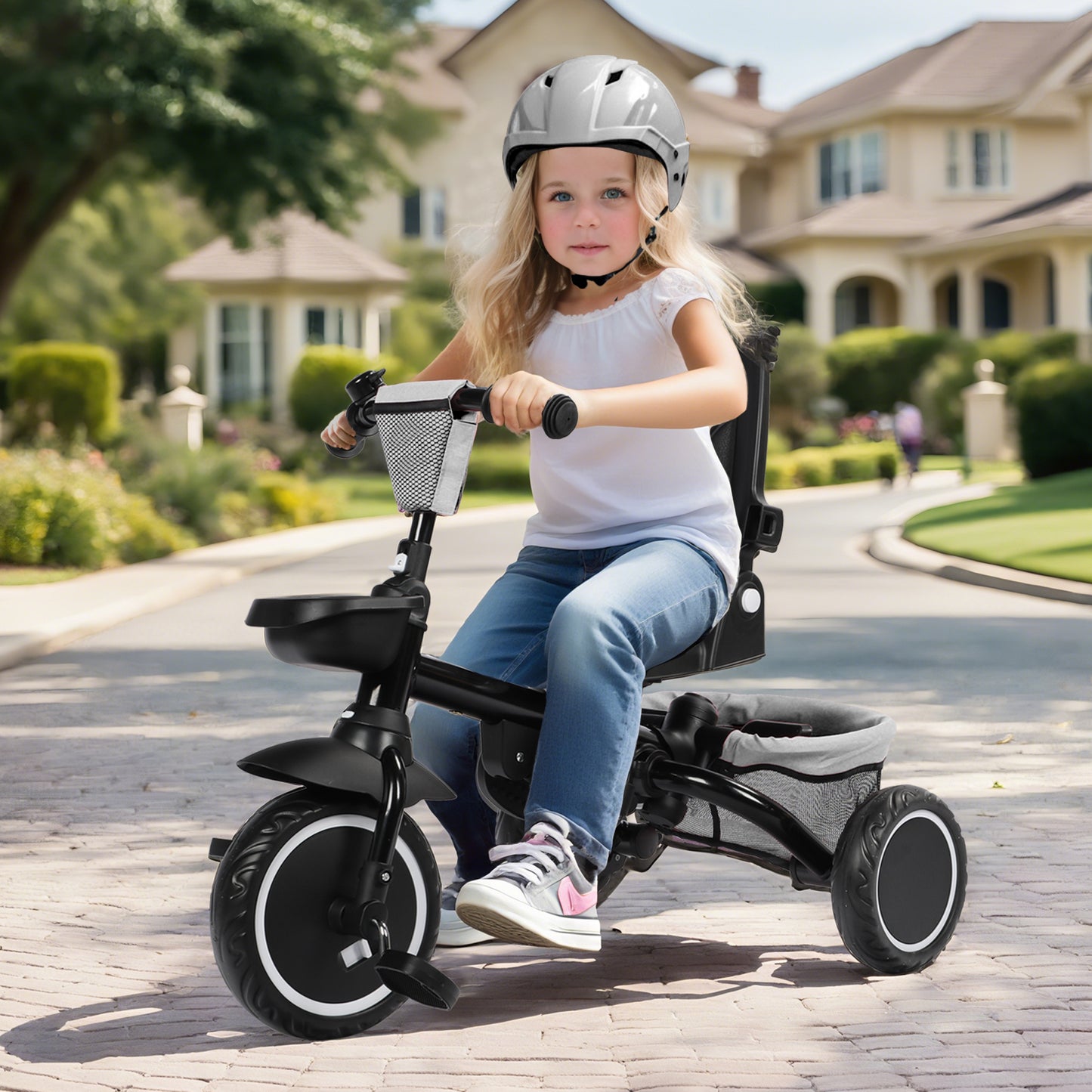 LINLUX 8 in 1 Kids Tricycle, Folding Toddler Trike with Push Handle, Tricycle for Kids, Light Gray