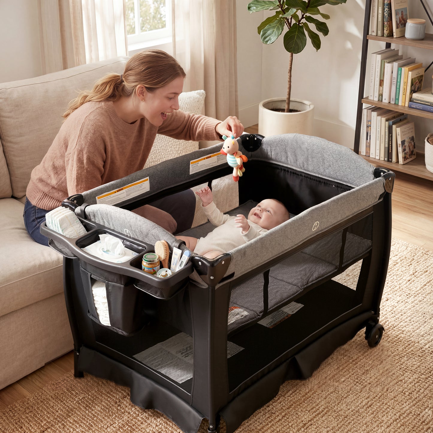 AILEEKISS 3-in-1 Foldable Baby Playard with Bassinet and Changing Table for Newborn, Black