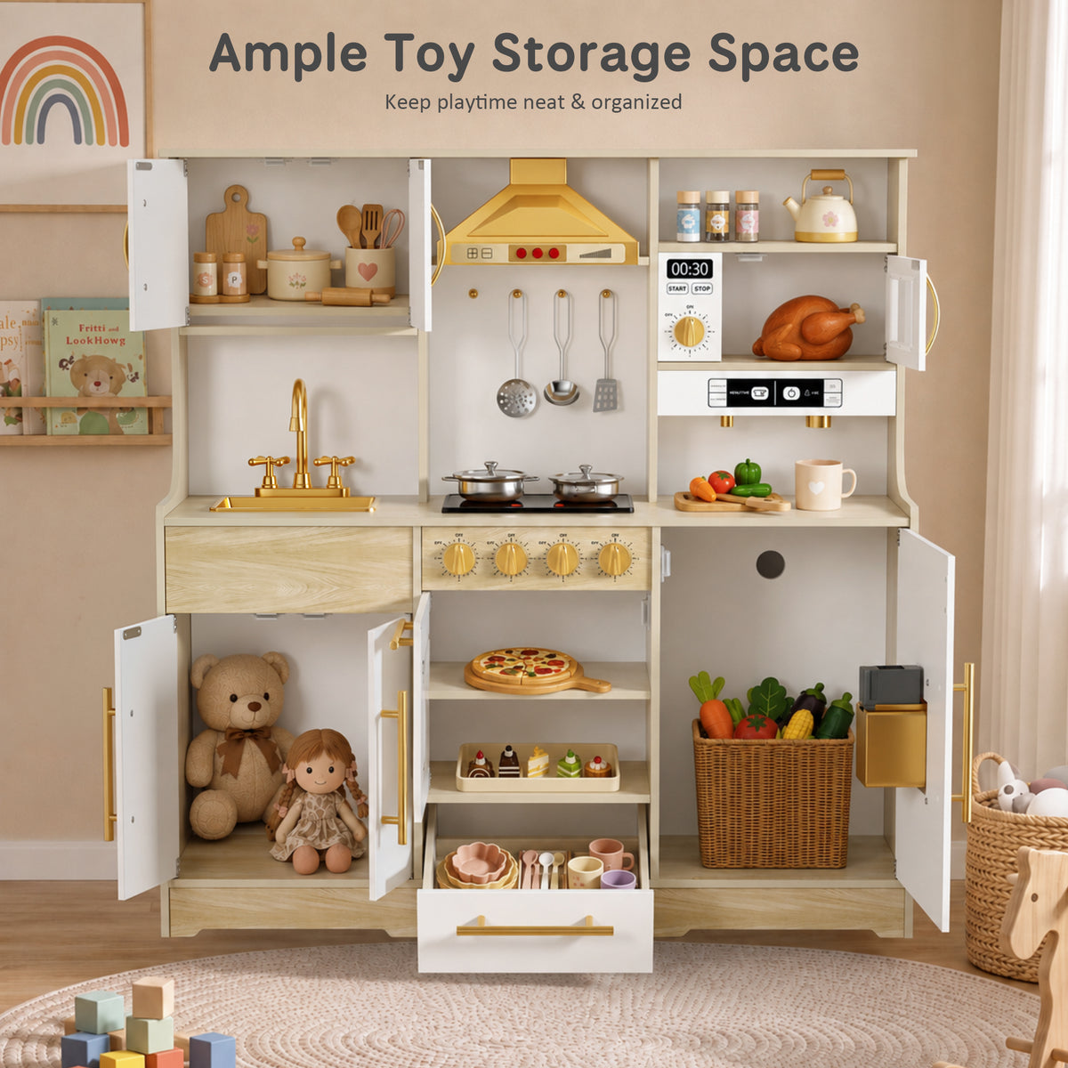 AILEEKISS Wood Kids Play Kitchen, Pretend Kitchen Playset for Children Age 3 Years up, Grain