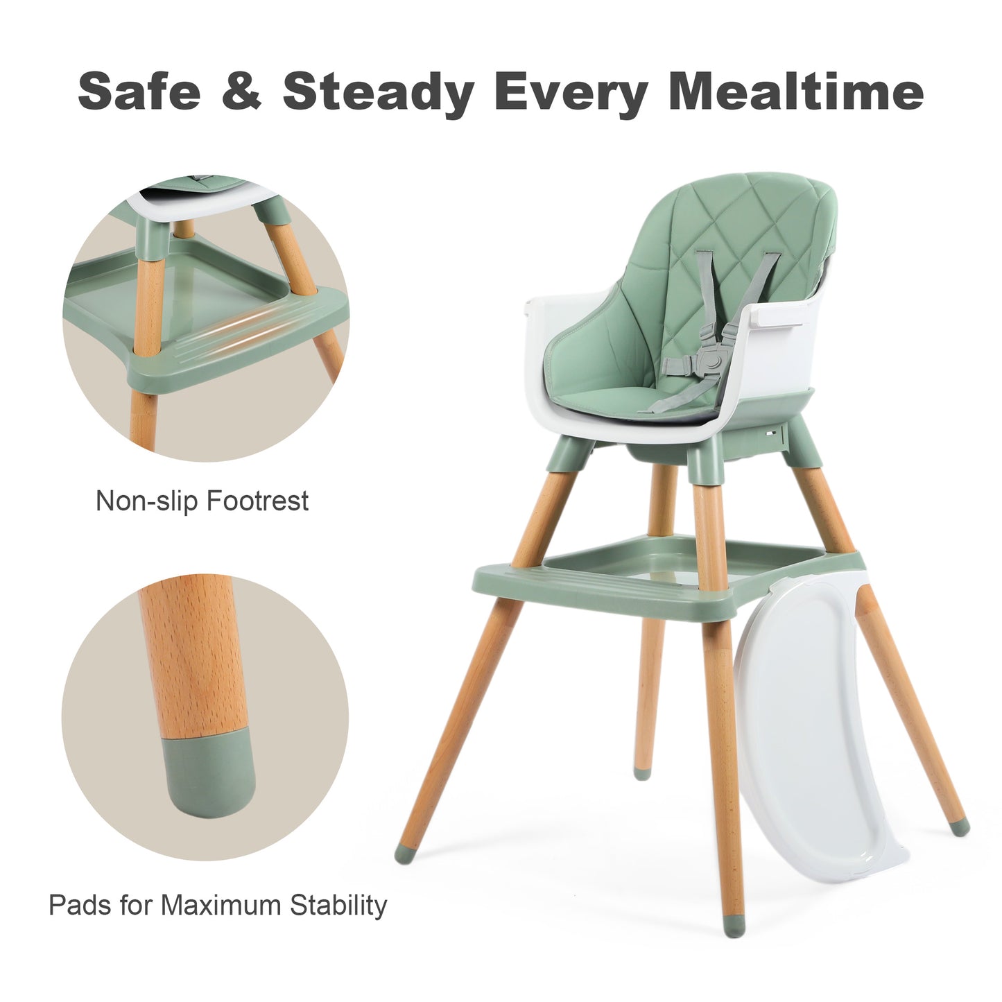 AILEEKISS 7 in 1 Wooden Baby High Chair Infant Feeding Chair with Removable Tray, Green