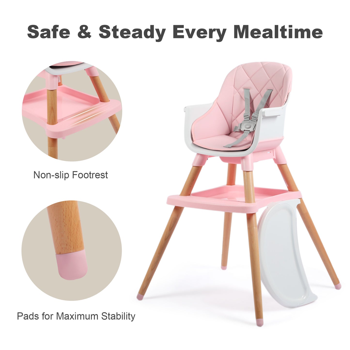 AILEEKISS 7 in 1 Wooden Baby High Chair for Toddler, Infant Feeding Chair with Removable Tray, Pink