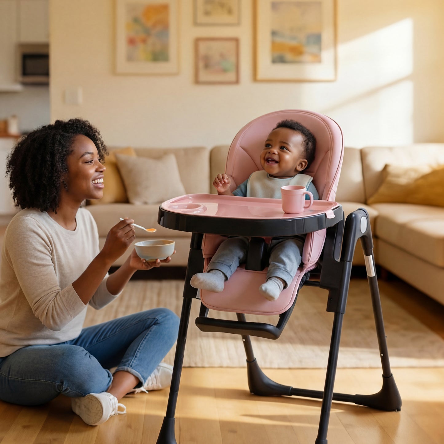 AILEEKISS Foldable High Chair for Baby, Toddler Eating Chair with Detachable Double Trays, Black Pink