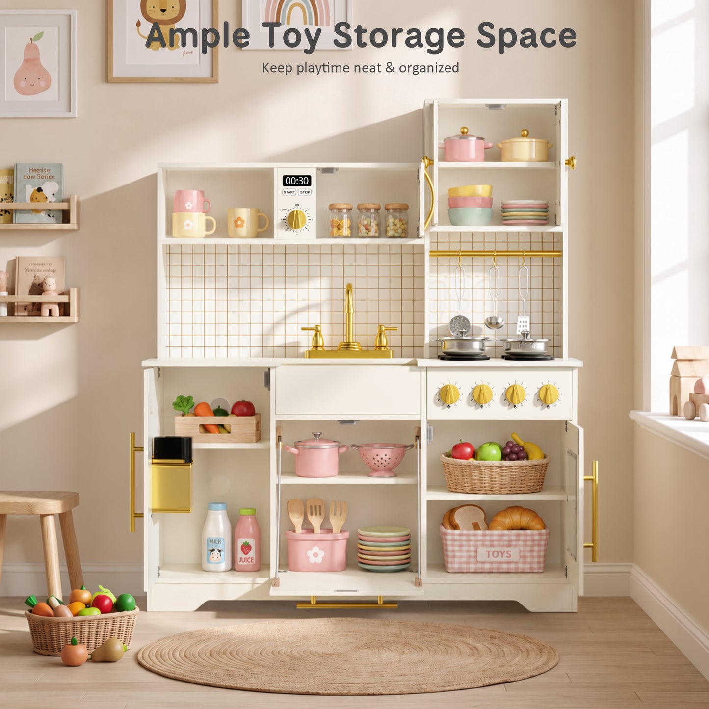 AILEEKISS Kids Kitchen Playset for Children, Realistic Pretend Kitchen Toy with Ice Maker, Beige