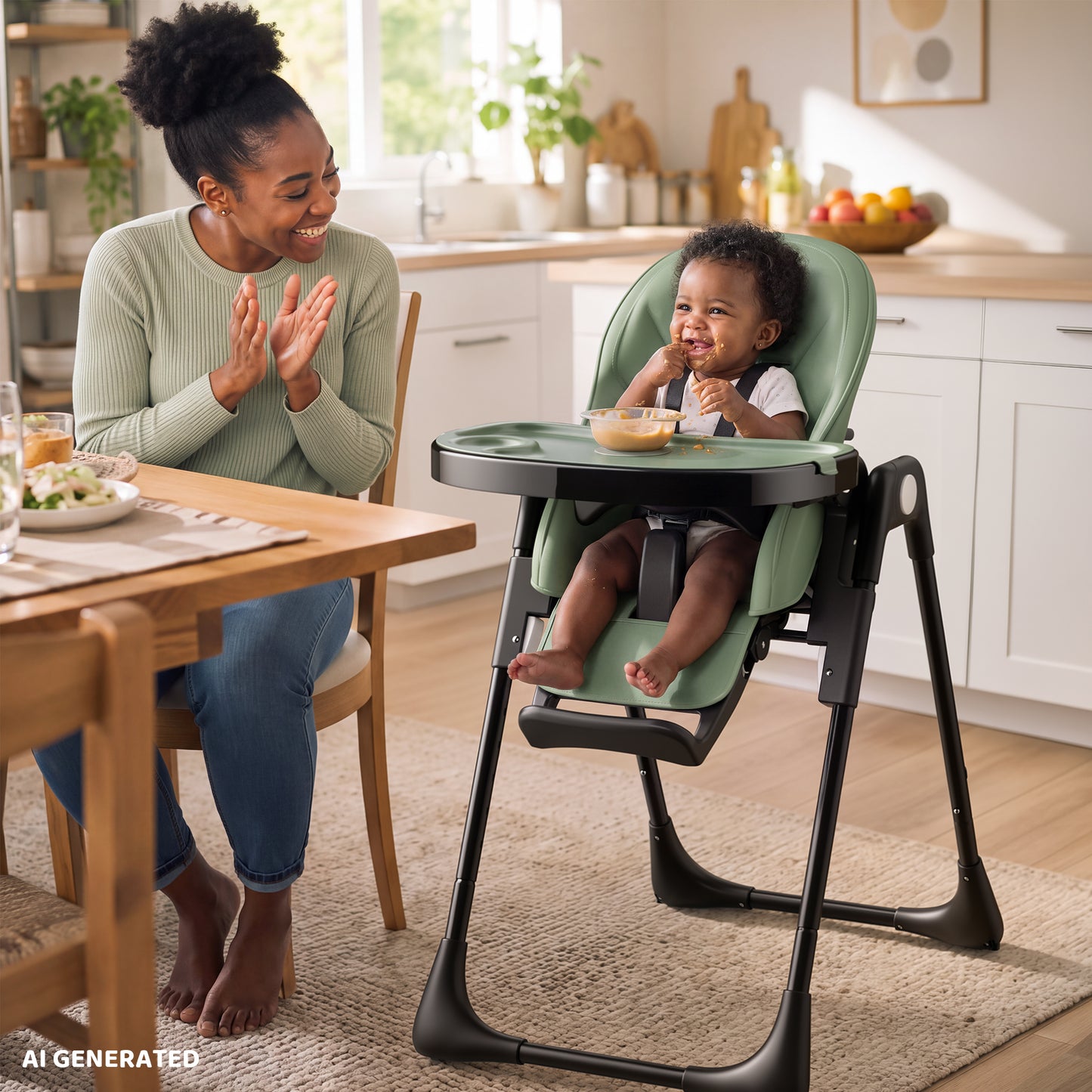 AILEEKISS Foldable High Chair for Baby, Toddler Eating Chair with Detachable Double Trays, Green