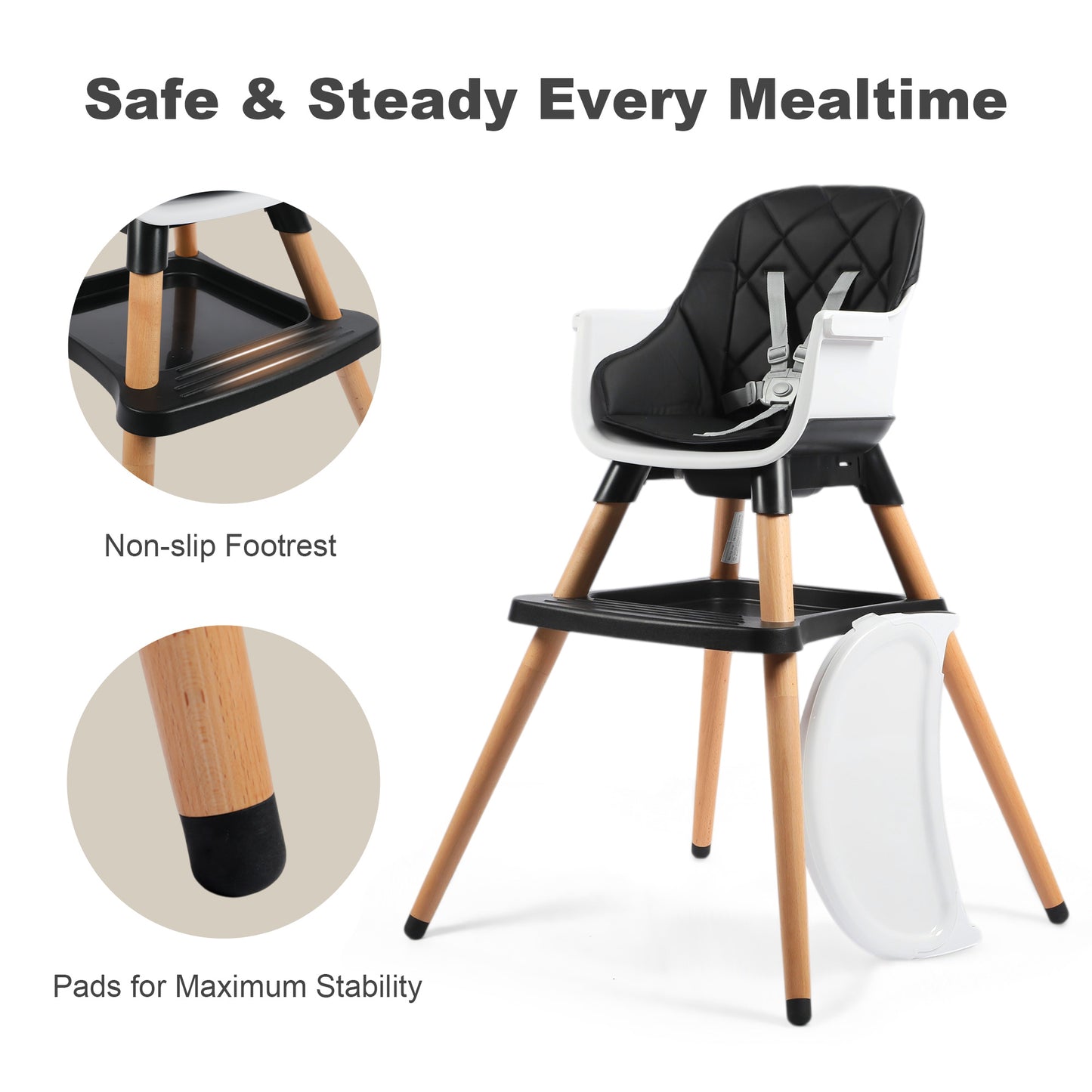 AILEEKISS 7 in 1 Wooden Baby High Chair Infant Feeding Chair with Removable Tray, Black