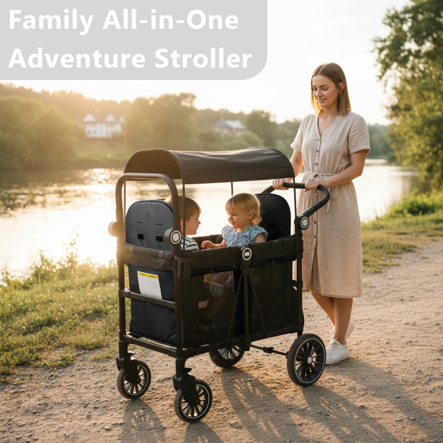 AILEEKISS Stroller Wagon for 2 Toddlers with Canopy, All-Terrain Baby Wagon Stroller, 55 Pounds, Black
