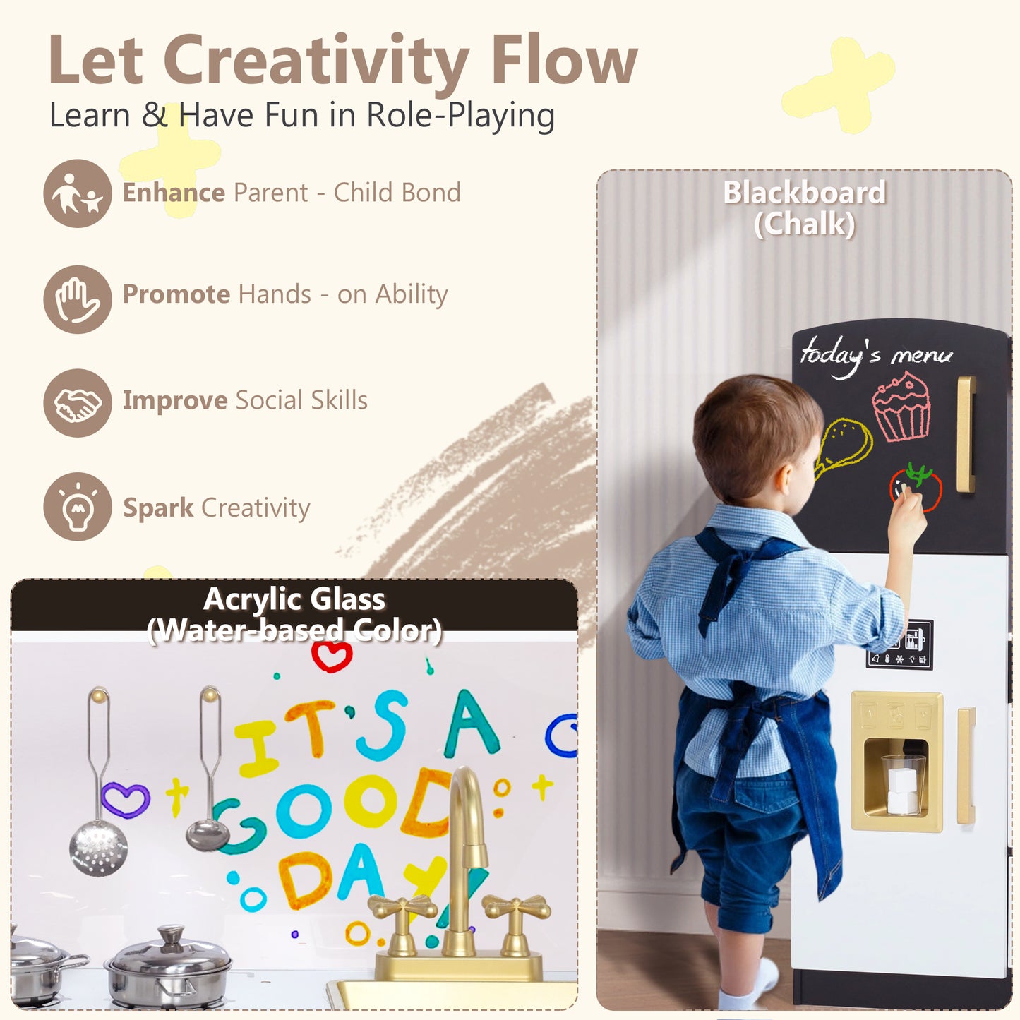 LINLUX Pretend Kids Play Kitchen, Toy Kitchen Playset for Toddler, Wood Kitchen Sets Baby, Black