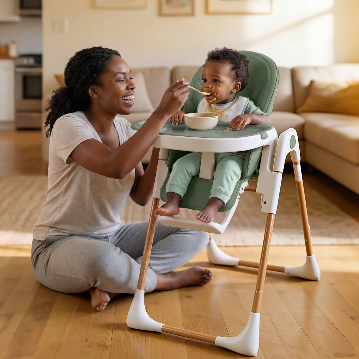 AILEEKISS Foldable High Chair for Baby, Toddler Eating Chair with Detachable Double Trays, Natural Green