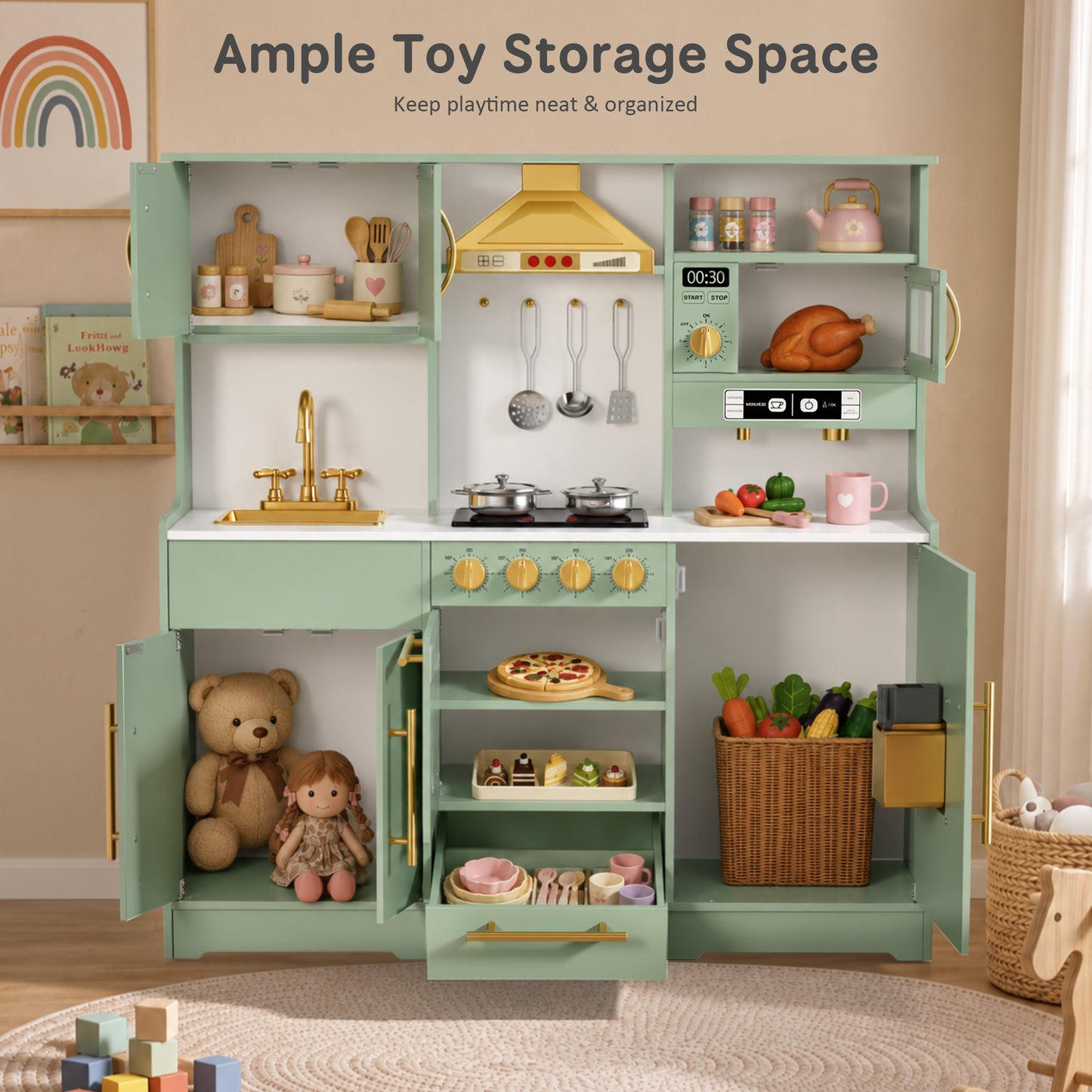 AILEEKISS Wood Kids Play Kitchen, Pretend Kitchen Playset for Children Age 3 Years up, Green