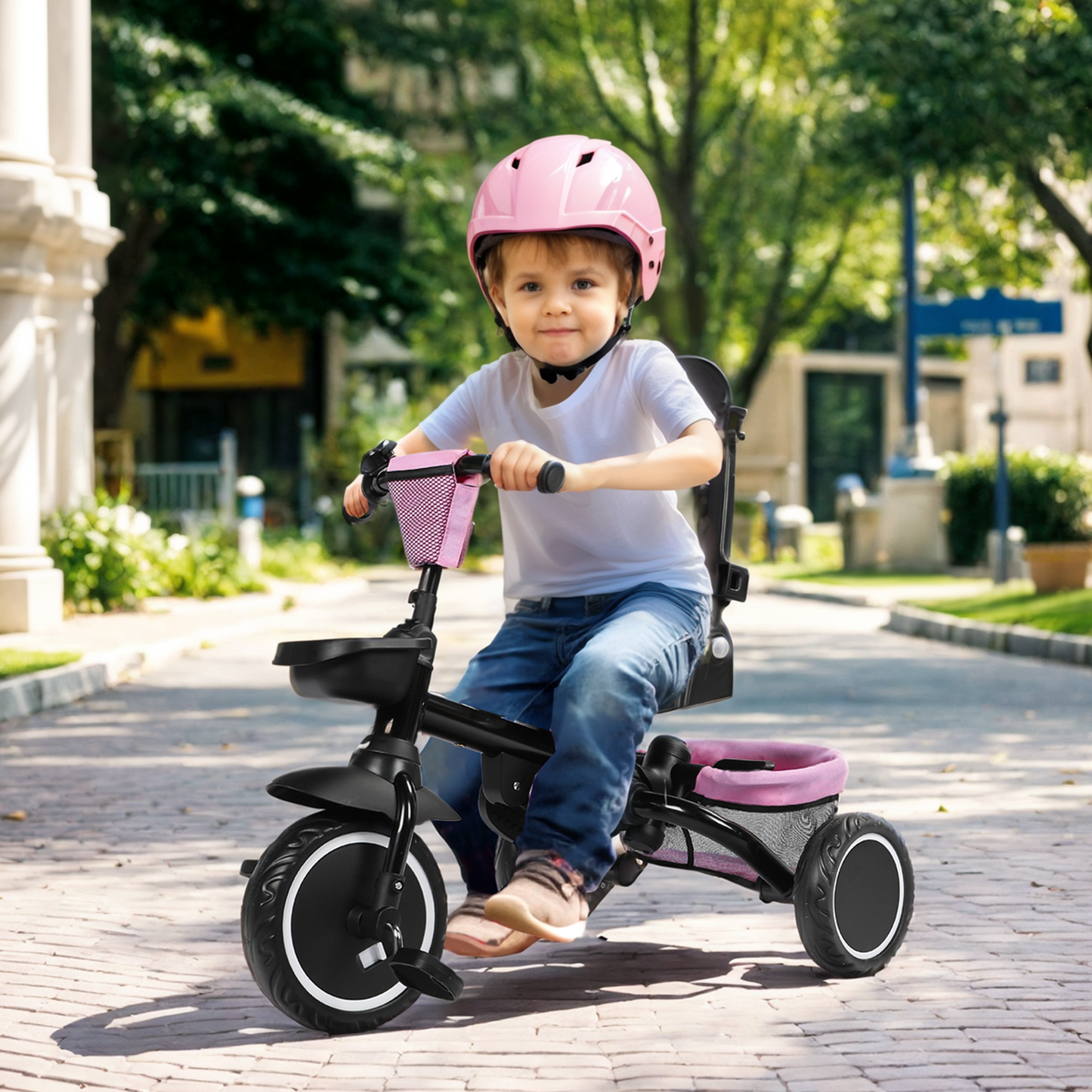LINLUX 8 in 1 Kids Tricycle, Folding Toddler Trike with Push Handle, Tricycle for Kids, Pink