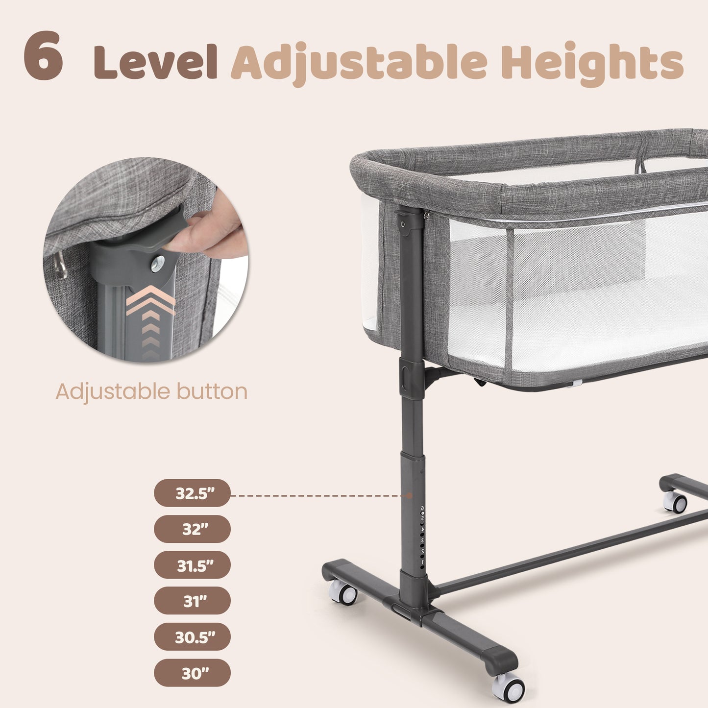 AILEEKISS Baby Bassinet Bedside Sleeper, Height Adjustable Newborn Baby Bassinet with Wheels, Grey