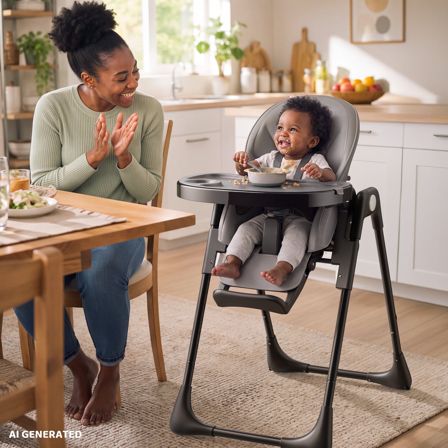 AILEEKISS Foldable High Chair for Baby, Toddler Eating Chair with Detachable Double Trays, Grey