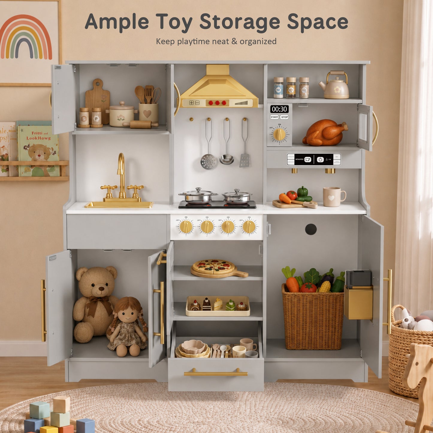 AILEEKISS Wood Kids Play Kitchen, Pretend Kitchen Playset for Children Age 3 Years up, Grey