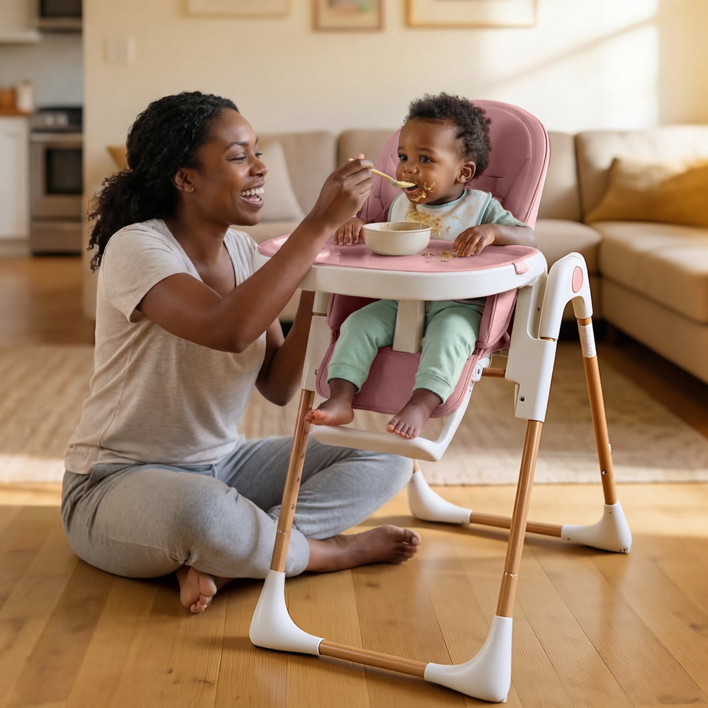 AILEEKISS Foldable High Chair for Baby, Toddler Eating Chair with Detachable Double Trays, Natural Pink