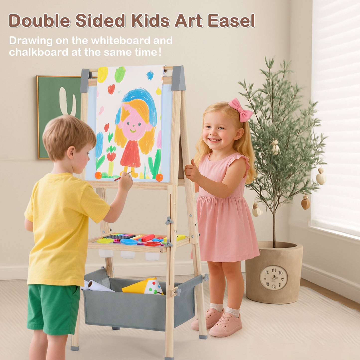 LINLUX Double-Sided Art Easel for Kids, 3 in 1 Wooden Kids Easel w/Paper Roller & Art Supplies, Grey